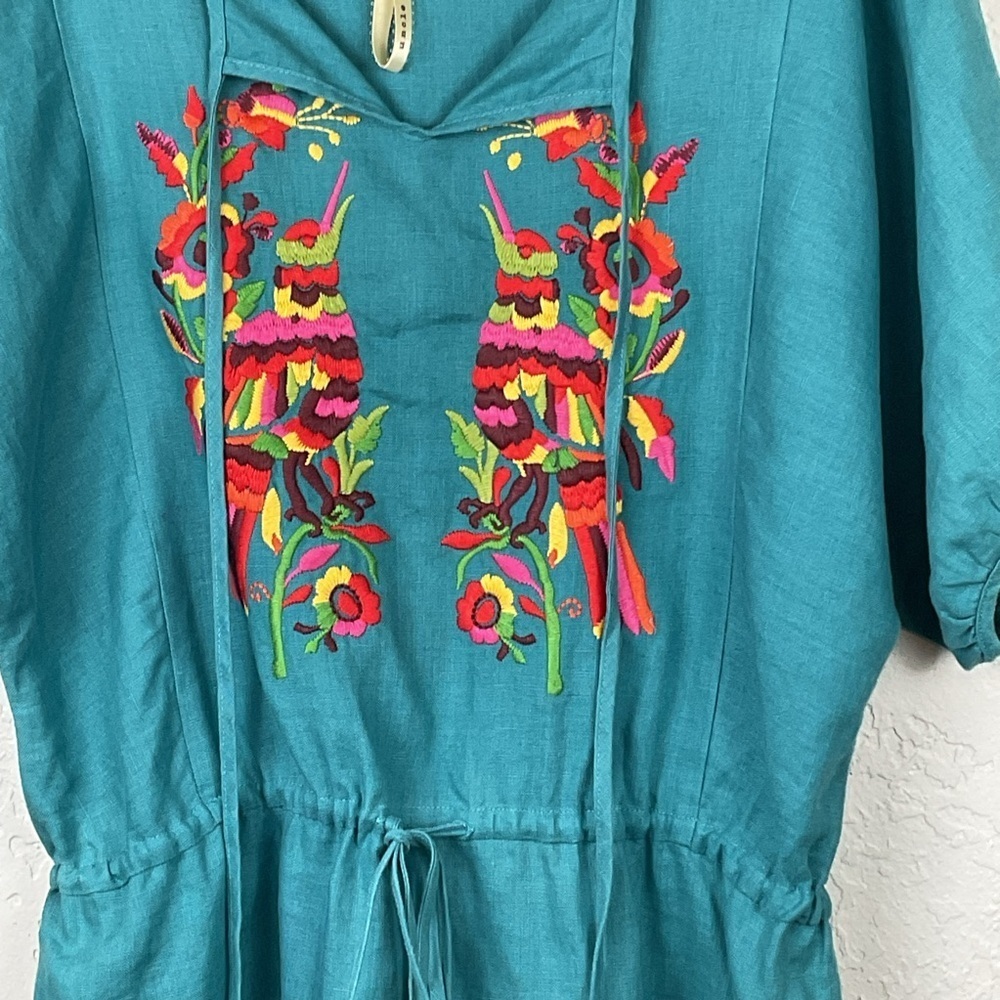 Uncle Frank Turquoise Drawstring Linen Tunic Dress Embroidered Parrots Sz Large - Picture 3 of 7